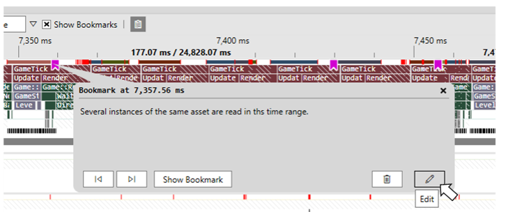 Screenshot of a bookmark dialog in read-only mode with the navigation, Show Bookmark, Delete, and Edit buttons.