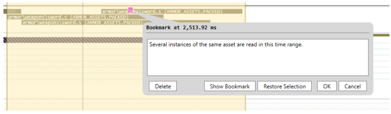 Screenshot of a bookmark icon drawn in the middle of a highlighted time range, with the bookmark dialog open below it.