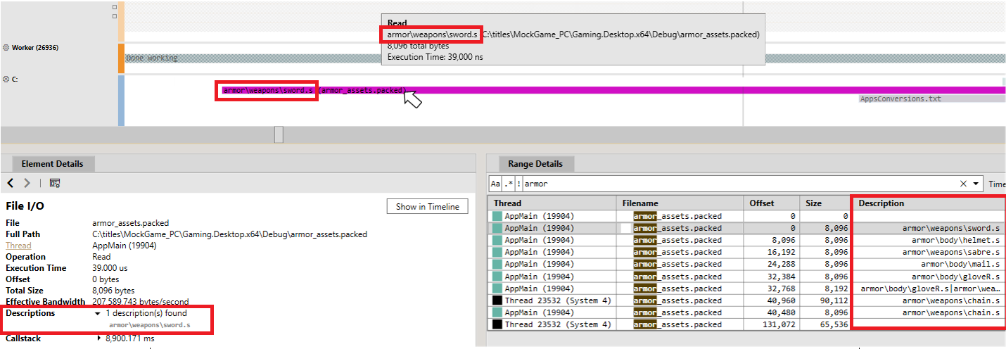 Screenshot that shows individual asset names displayed in the Timeline layout