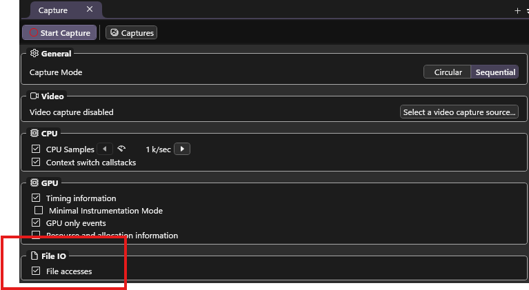 PIX Capture pane Options with the File IO section File accesses check box highlighted