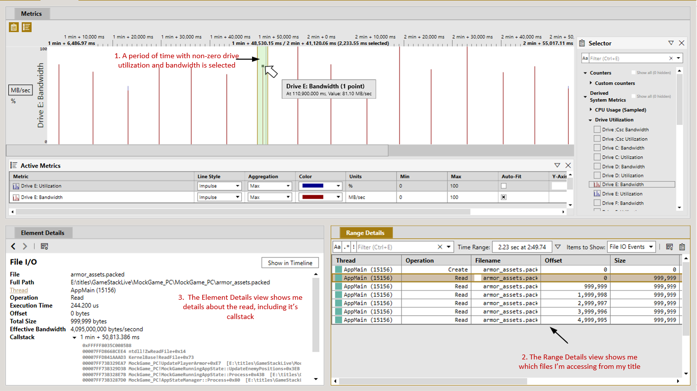 Screenshot that shows a correlation between the storage device metrics and individual file accesses