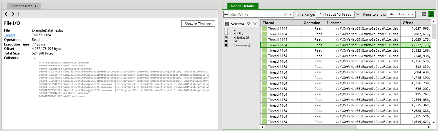 Screenshot that shows a table row that describes a file access selected in the Range Details view and detailed information about that access in the Element Details view