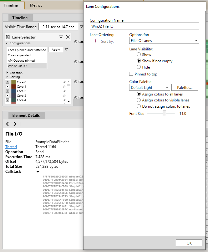 Screenshot that shows the Lane Selector panel in the Timeline View and the Lane Configurations dialog box