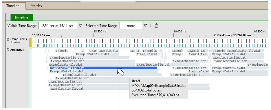 Screenshot that shows a file IO lane containing multiple rectangles labeled with file names and a tooltip that provides details about a selected rectangle
