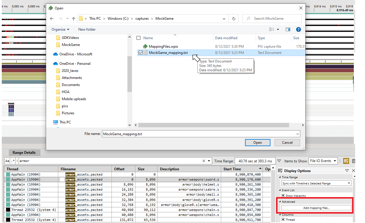 Screenshot that shows the dialog used to add mapping files to Timing Captures