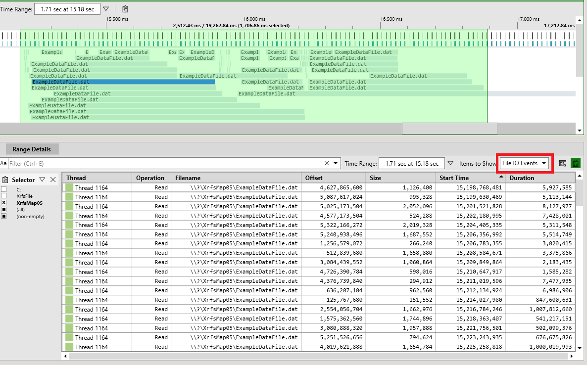 Screenshot that shows a range of time selected in the Timeline view and a table of associated file IO events in the Range Details view