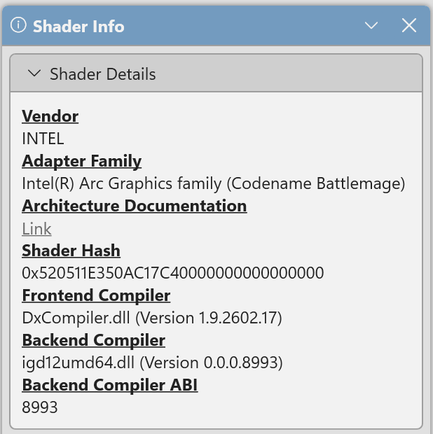 Screenshot that shows Shader info.