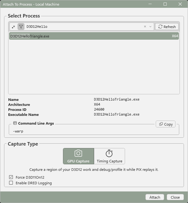 Screenshot of the Attach To Process dialog with a filtered process list, a selected process and its details, and Capture Type set to GPU Capture.