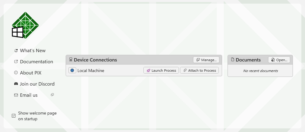 Screenshot of the PIX Welcome page with Local Machine listed under Device Connections, and the Launch Process and Attach to Process buttons.