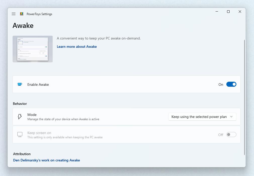 Screenshot of PowerToys Awake settings menu showing enable toggle and power mode options.