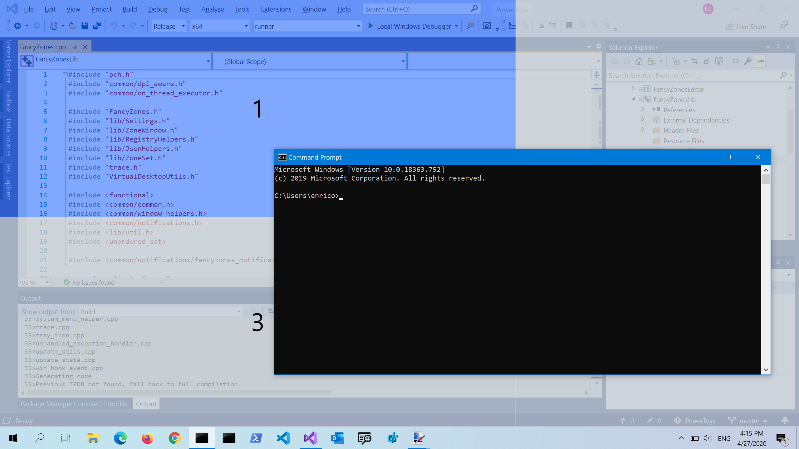 Screenshot of FancyZones utility showing window zones highlighted on desktop during window dragging operation.