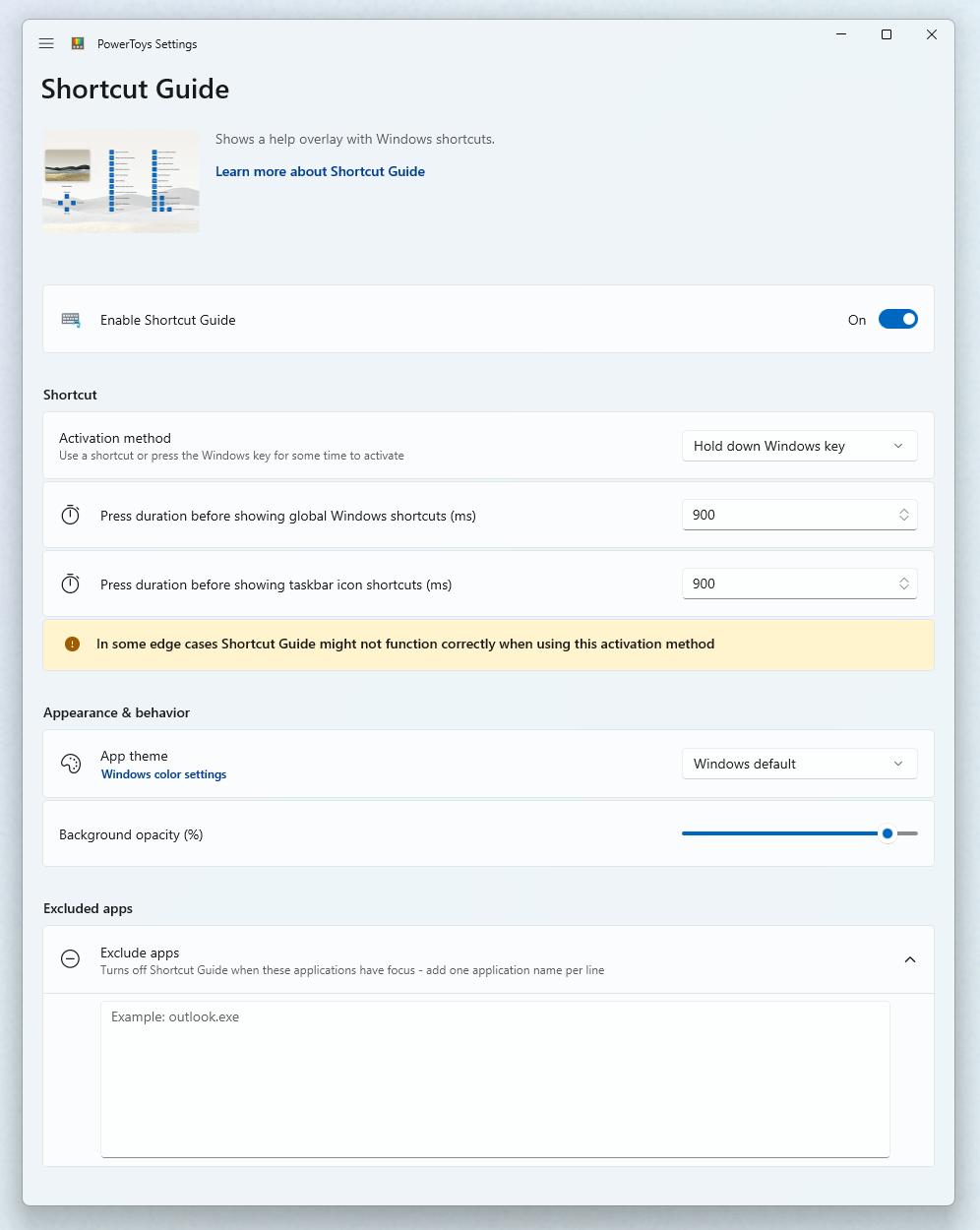 Screenshot of PowerToys Shortcut Guide settings page showing activation method and customization options.