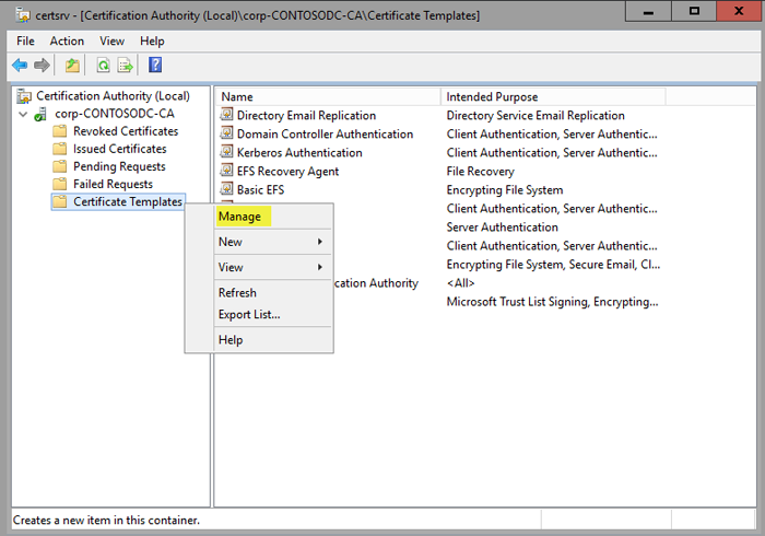 CA snap-in showing Certificate Templates.