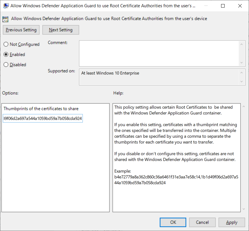 Group Policy editor Root certificate options.