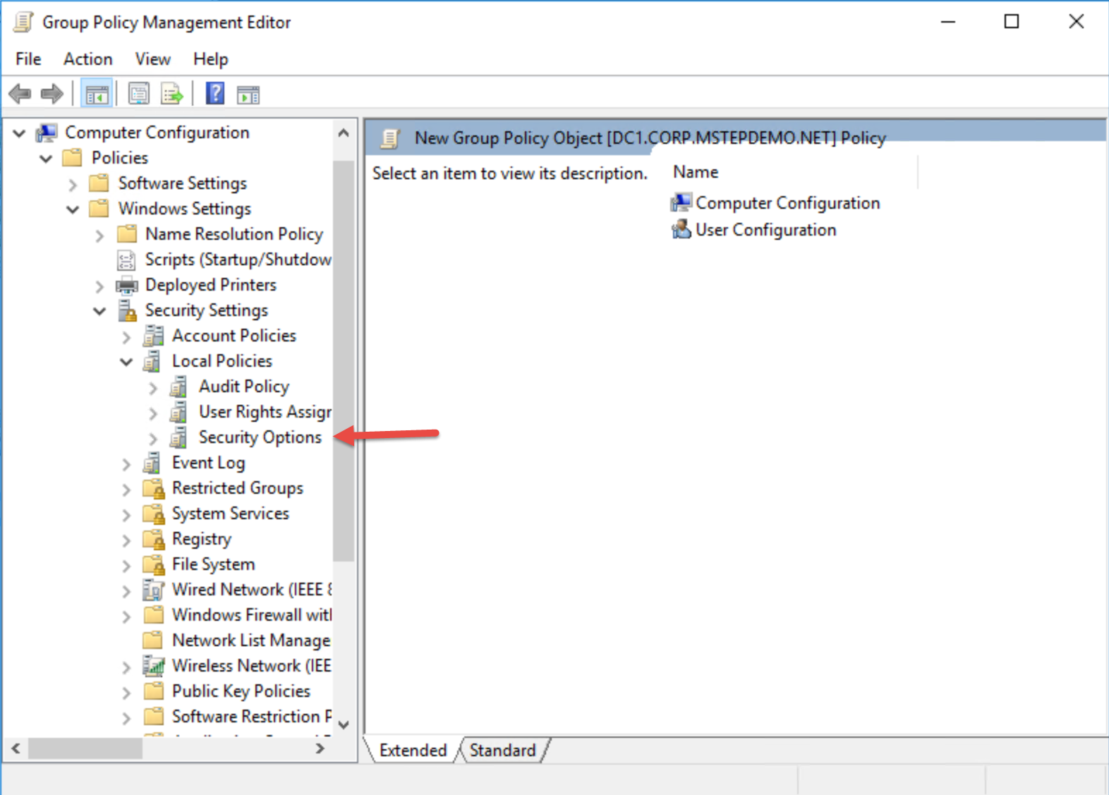 The Group Policy Management Editor displaying the location of the Security Options node.
