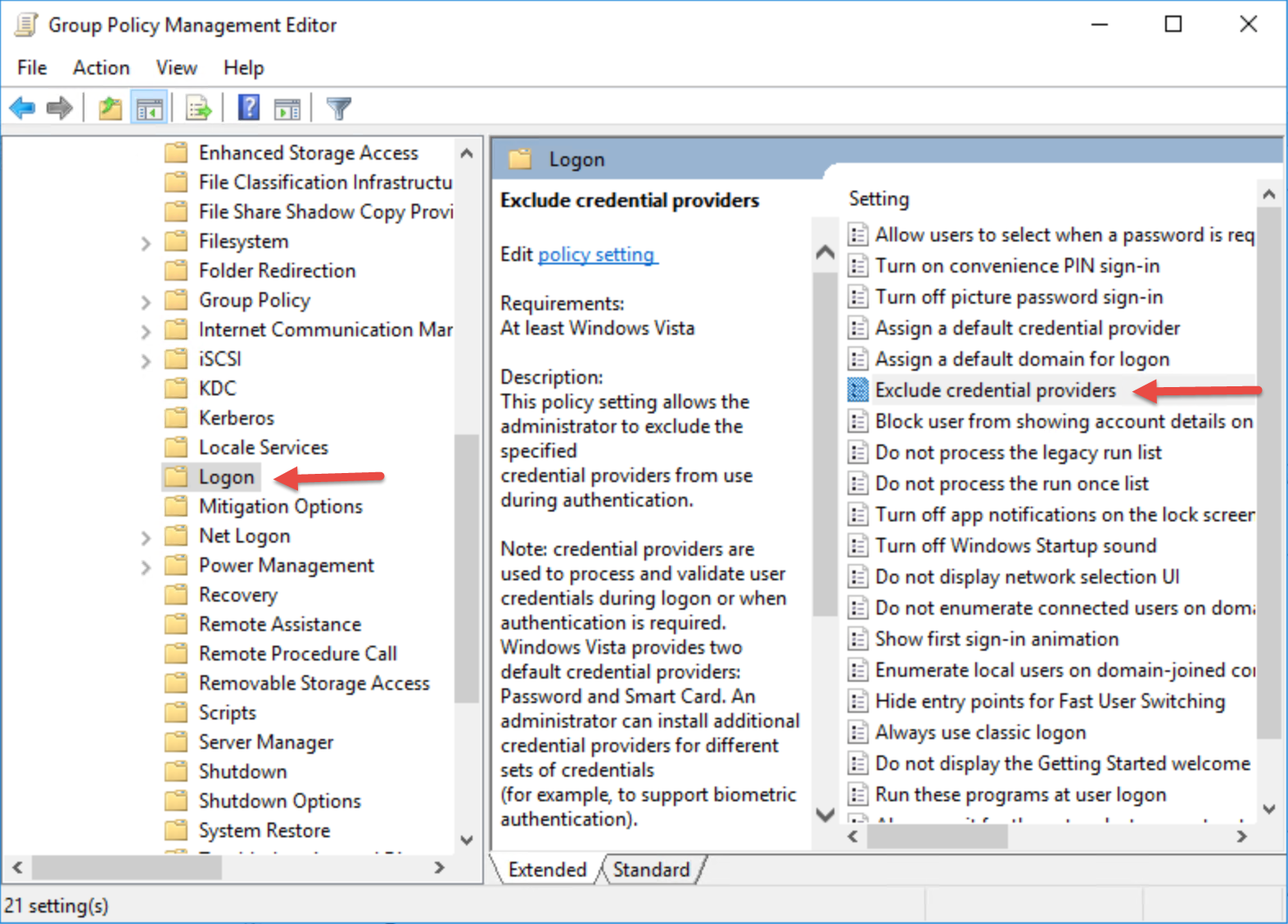 The Group Policy Management Editor displaying the location of 'Logon' node and the policy setting 'Exclude credential providers'.
