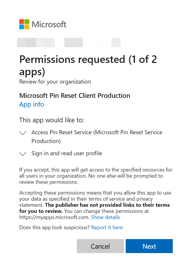 Screenshot showing the PIN reset client permissions page.
