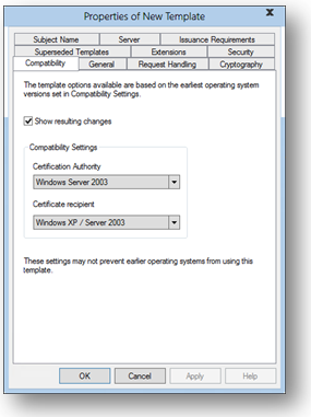 Compatibility tab, certification authority setting.
