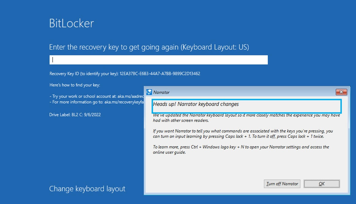A screenshot of the BitLocker recovery screen showing Narrator activated.