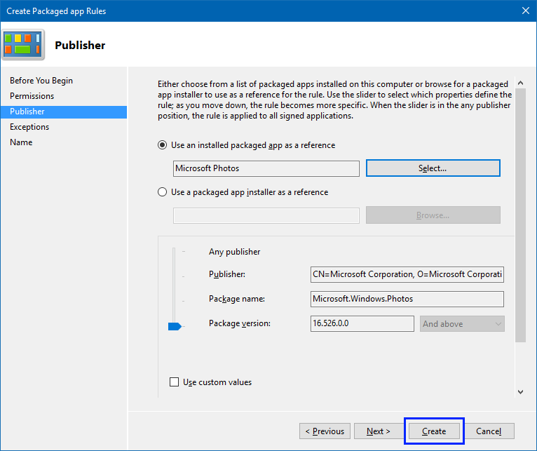 Create Packaged app Rules wizard, showing the Microsoft Photos on the Publisher page.