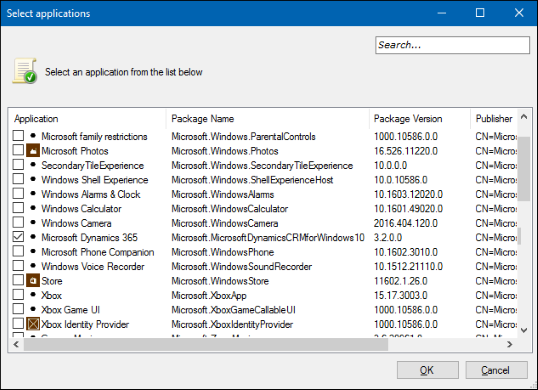 Screenshot of the Select applications list.