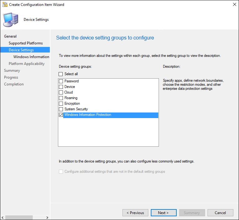 Create Configuration Item wizard, choose the Windows Information Protection settings.
