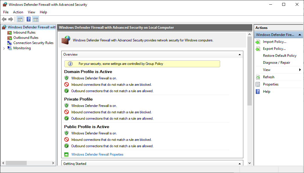 Windows Defender Firewall with Advanced Security first time opening.