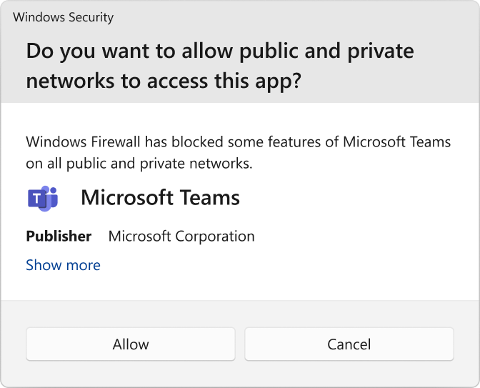 Screenshot showing the User Account Control (UAC) prompt to allow Microsoft Teams.