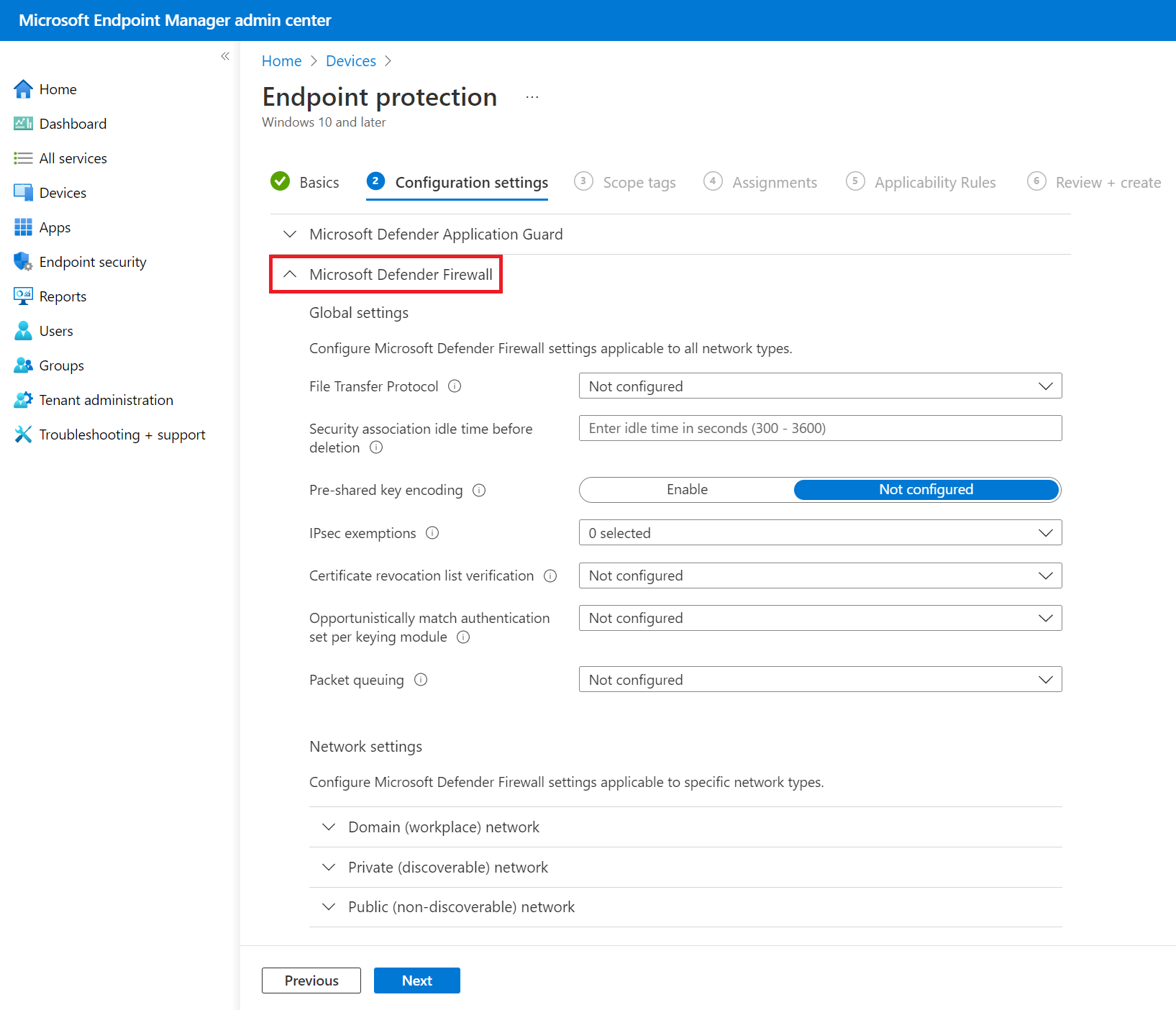 Example of a Windows Defender Firewall policy in Microsoft Intune and the Intune admin center.