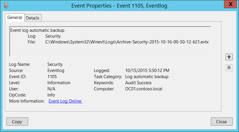 1105(S) Event log automatic backup. - Windows Security | Microsoft Learn