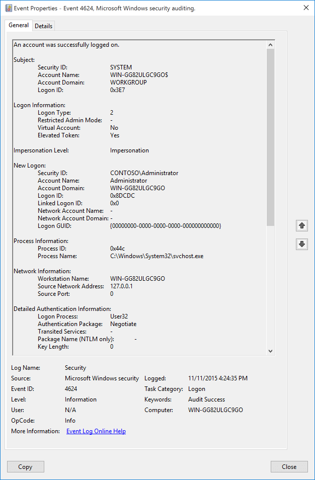 Microsoft windows security auditing. 4624 Event ID. Windows Audit log. 4624 $HOSTNAME.