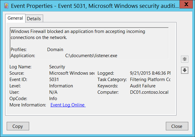 5031(F) The Windows Firewall Service blocked an application from accepting  incoming connections on the network. (Windows 10) | Microsoft Learn