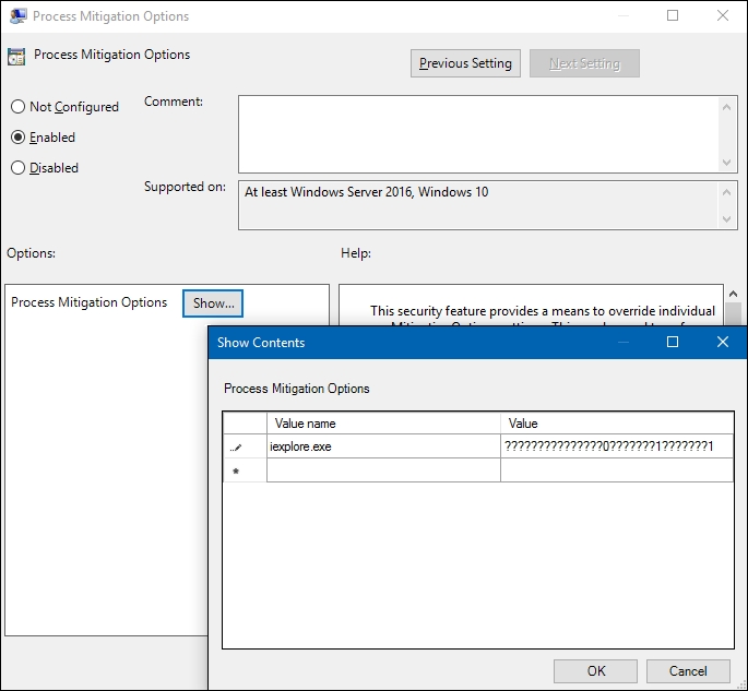 Group Policy editor: Process Mitigation Options with Show Contents box and example text.