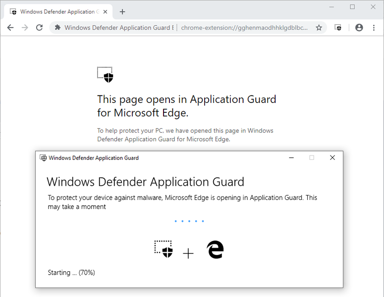 A non-enterprise website being redirected to an Application Guard container -- the text displayed explains that the page is being opened in Application Guard for Microsoft Edge.