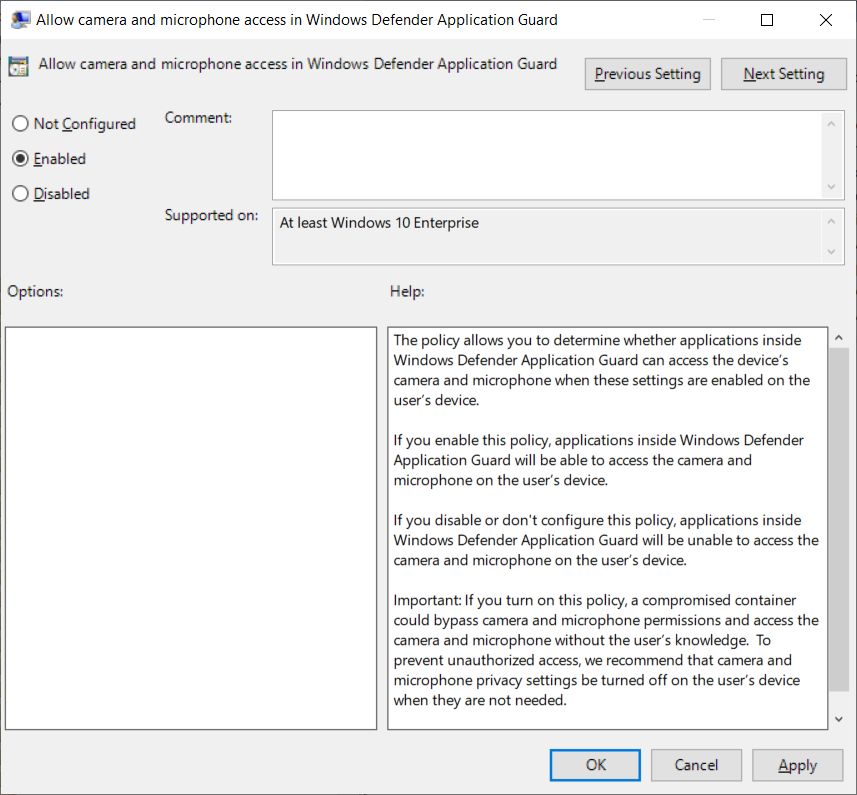 Group Policy editor Camera and microphone options.