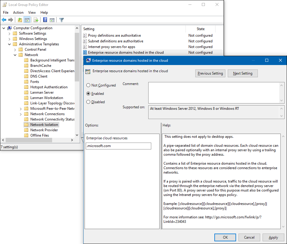 Group Policy editor with Enterprise cloud resources setting.