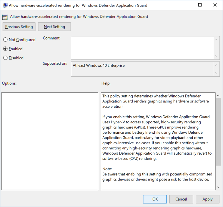 Group Policy editor hardware acceleration options.