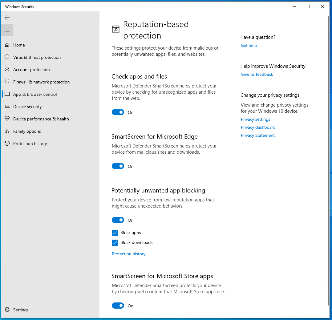 Windows Security, Microsoft Defender SmartScreen controls.
