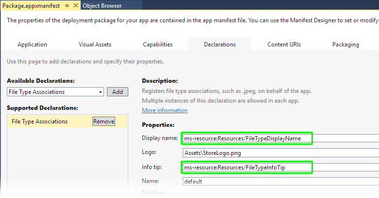 Screenshot of the Visual Studio Manifest Designer showing the Declarations tab with the Display name and Info tip text boxes called out.