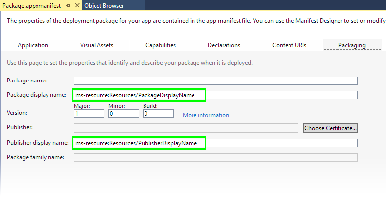 Screenshot of the Visual Studio Manifest Designer showing the Packaging tab with the Package display name and Publisher display name text boxes called out.