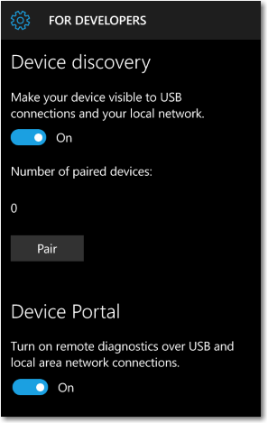 Developer mode device discovery settings