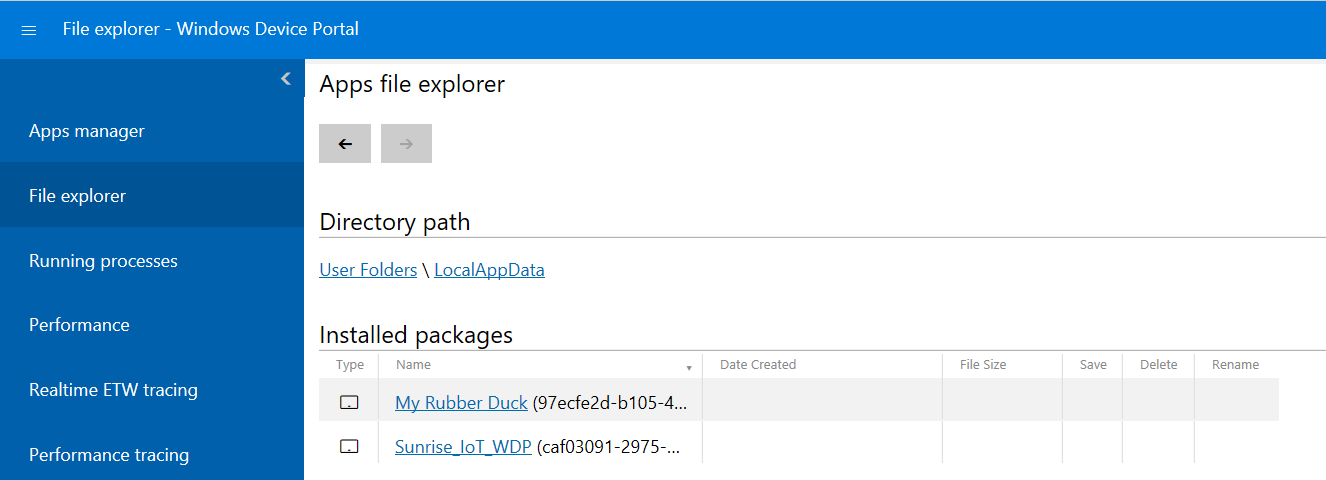 Device Portal File explorer page