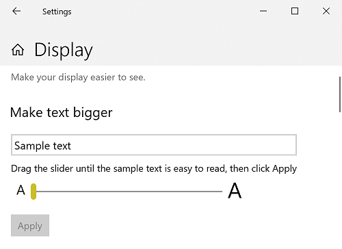 Screenshot of the Ease of Access Vision/Display settings page showing the Make text bigger slider.