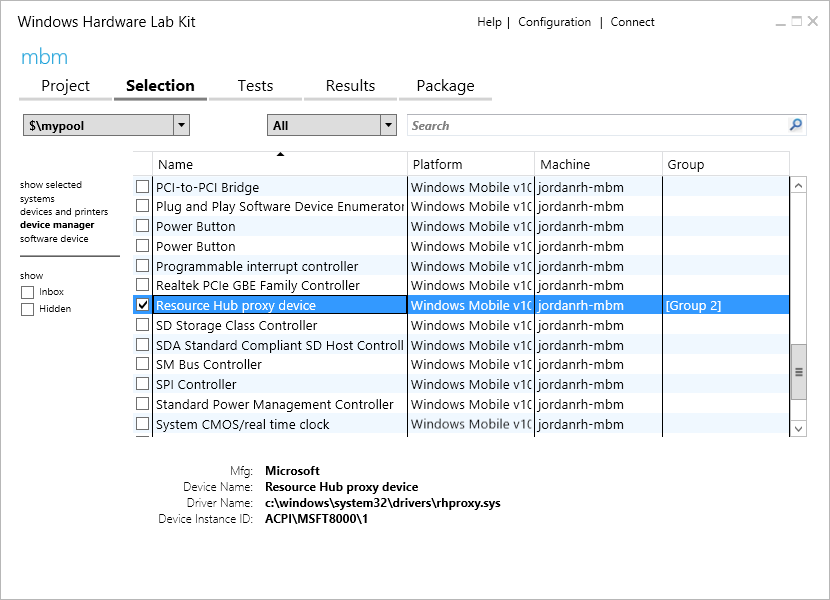 Screenshot of the Windows Hardware Lab Kit showing the Selection tab with the Resource Hub proxy device option selected.