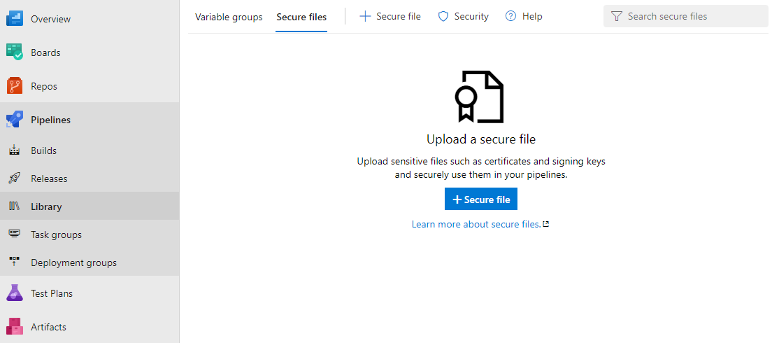 Screenshot of Azure with the Library option highlighted showing the Secure files page.