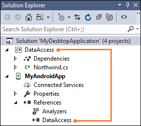Screenshot of the Solution Explorer pane that calls out the reference to the Class library reference for the  Android, i O S, or cross-platform project.