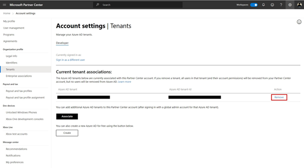 Screenshot showing *Remove* option in Partner Center tenant settings.