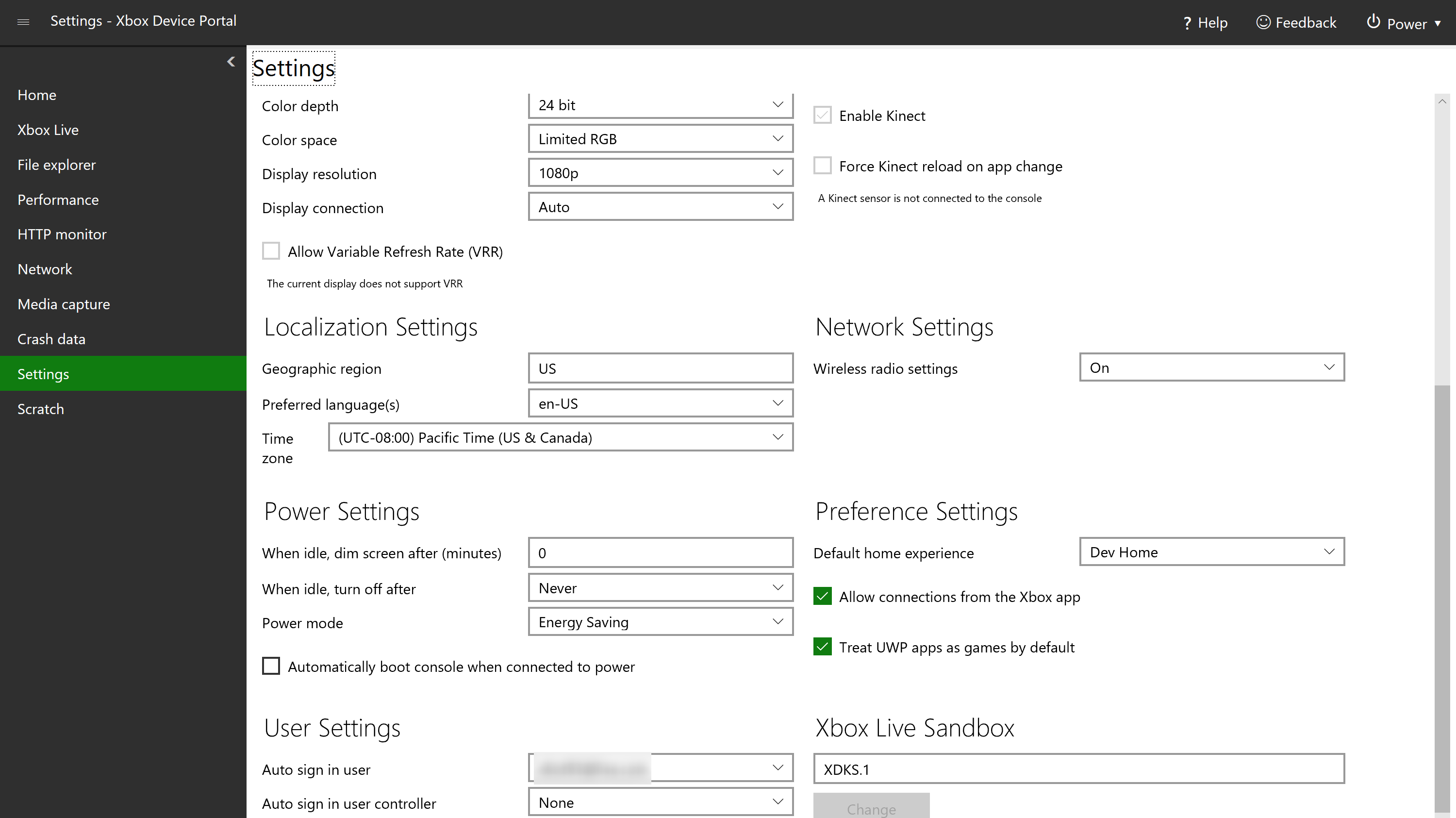 Screenshot of the Settings page showing the Localization Settings, Power Settings and User Settings sections.