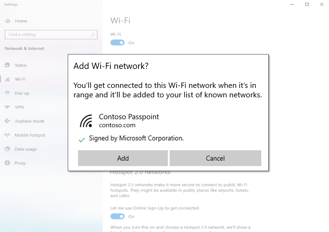 A screenshot of Windows Settings prompting to add a WiFi connection