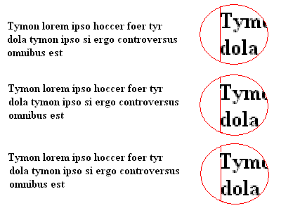 Illustration showing the same block of text three times, with enlargements of each showing slightly different alignment